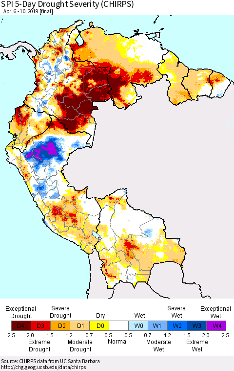 Northern South America SPI 5-Day Drought Severity (CHIRPS) Thematic Map For 4/6/2019 - 4/10/2019