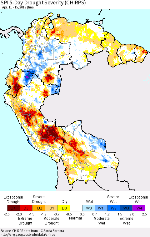 Northern South America SPI 5-Day Drought Severity (CHIRPS) Thematic Map For 4/11/2019 - 4/15/2019