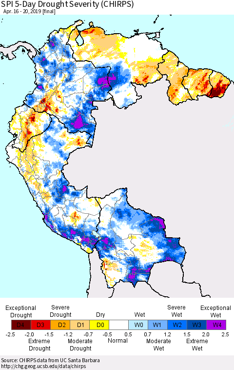 Northern South America SPI 5-Day Drought Severity (CHIRPS) Thematic Map For 4/16/2019 - 4/20/2019