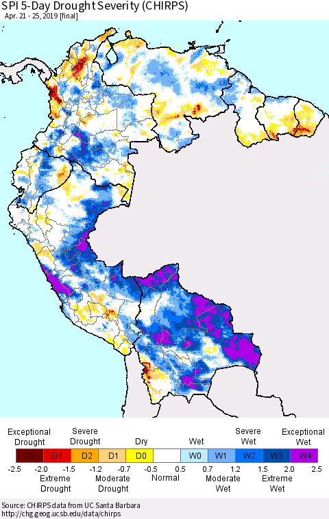 Northern South America SPI 5-Day Drought Severity (CHIRPS) Thematic Map For 4/21/2019 - 4/25/2019