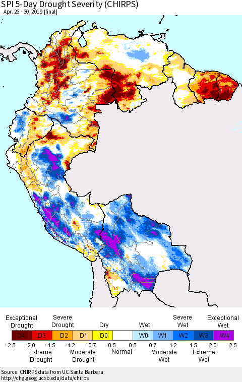 Northern South America SPI 5-Day Drought Severity (CHIRPS) Thematic Map For 4/26/2019 - 4/30/2019