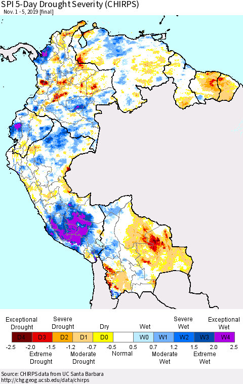 Northern South America SPI 5-Day Drought Severity (CHIRPS) Thematic Map For 11/1/2019 - 11/5/2019