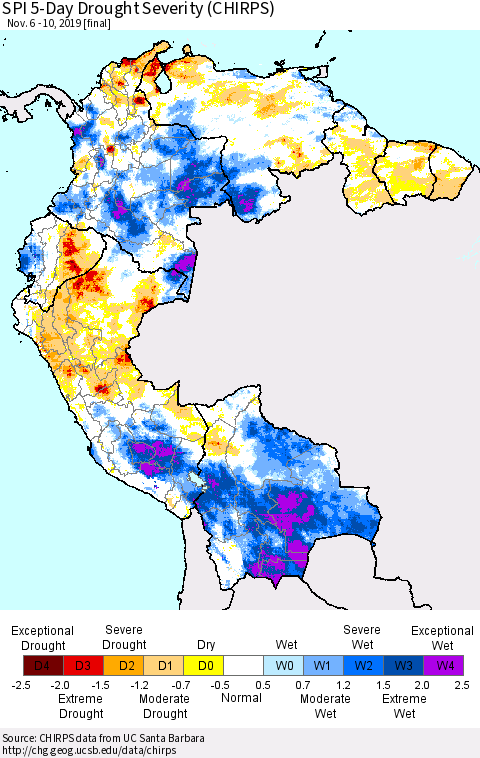 Northern South America SPI 5-Day Drought Severity (CHIRPS) Thematic Map For 11/6/2019 - 11/10/2019