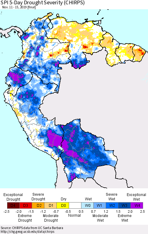 Northern South America SPI 5-Day Drought Severity (CHIRPS) Thematic Map For 11/11/2019 - 11/15/2019