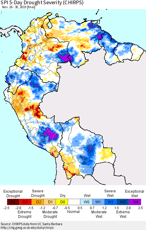 Northern South America SPI 5-Day Drought Severity (CHIRPS) Thematic Map For 11/26/2019 - 11/30/2019