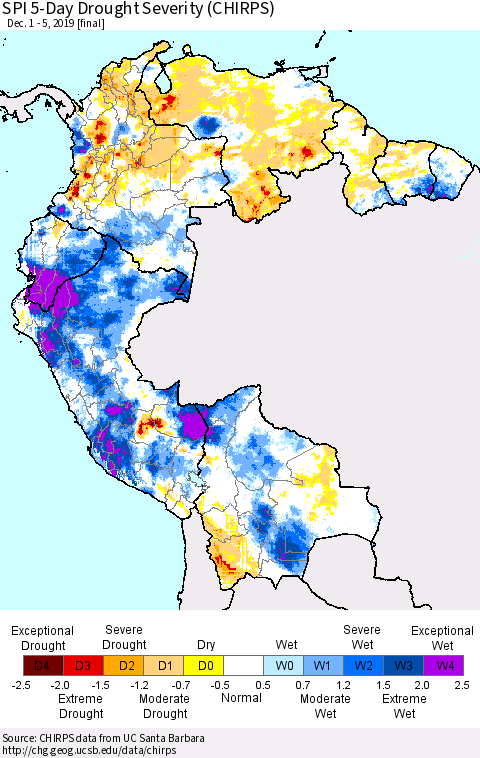 Northern South America SPI 5-Day Drought Severity (CHIRPS) Thematic Map For 12/1/2019 - 12/5/2019
