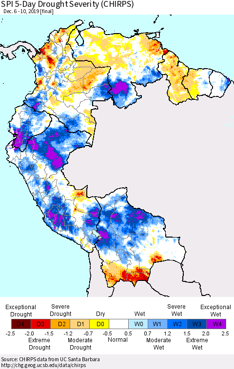 Northern South America SPI 5-Day Drought Severity (CHIRPS) Thematic Map For 12/6/2019 - 12/10/2019