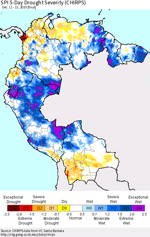 Northern South America SPI 5-Day Drought Severity (CHIRPS) Thematic Map For 12/11/2019 - 12/15/2019