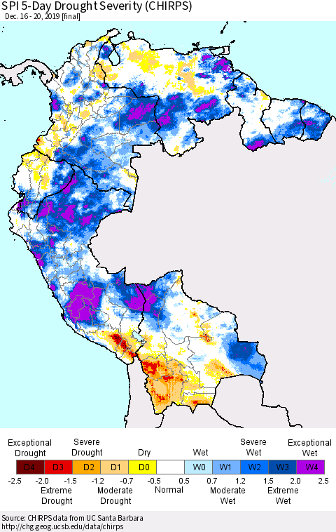 Northern South America SPI 5-Day Drought Severity (CHIRPS) Thematic Map For 12/16/2019 - 12/20/2019