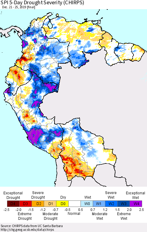 Northern South America SPI 5-Day Drought Severity (CHIRPS) Thematic Map For 12/21/2019 - 12/25/2019