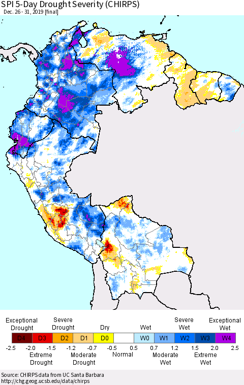 Northern South America SPI 5-Day Drought Severity (CHIRPS) Thematic Map For 12/26/2019 - 12/31/2019