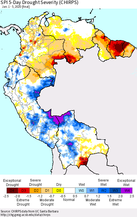 Northern South America SPI 5-Day Drought Severity (CHIRPS) Thematic Map For 1/1/2020 - 1/5/2020