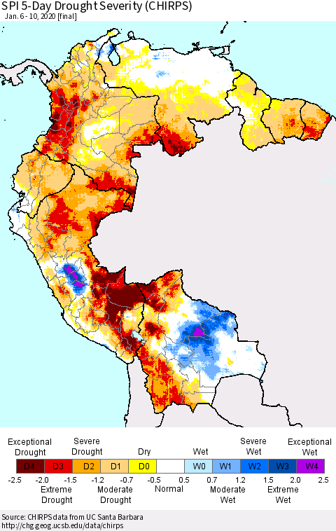 Northern South America SPI 5-Day Drought Severity (CHIRPS) Thematic Map For 1/6/2020 - 1/10/2020