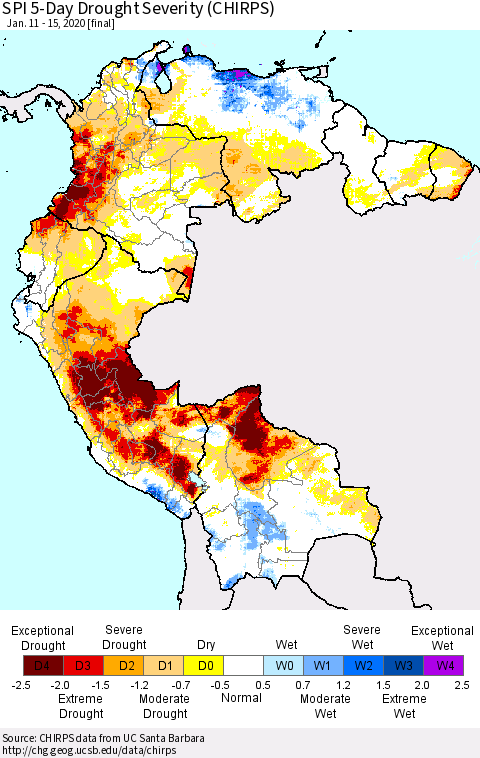 Northern South America SPI 5-Day Drought Severity (CHIRPS) Thematic Map For 1/11/2020 - 1/15/2020