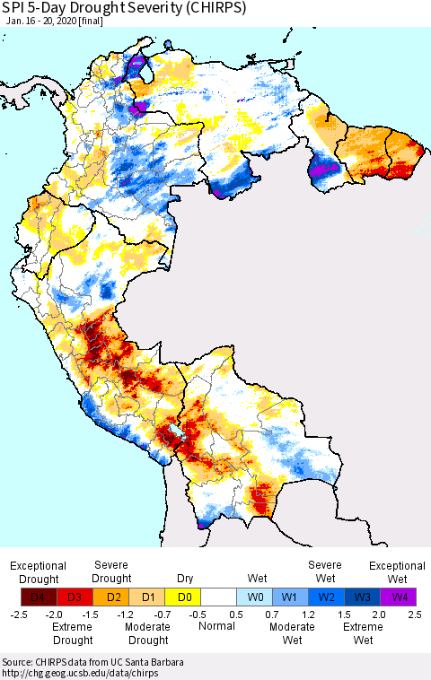 Northern South America SPI 5-Day Drought Severity (CHIRPS) Thematic Map For 1/16/2020 - 1/20/2020