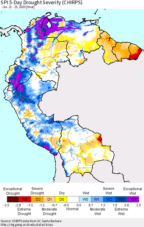 Northern South America SPI 5-Day Drought Severity (CHIRPS) Thematic Map For 1/21/2020 - 1/25/2020