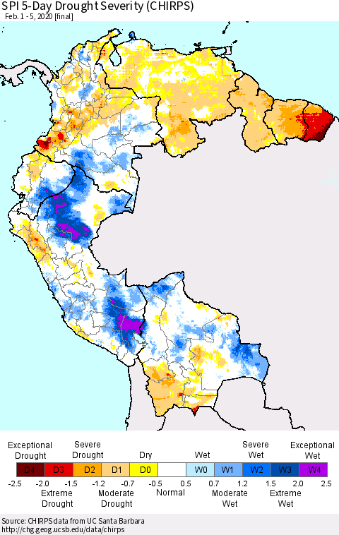 Northern South America SPI 5-Day Drought Severity (CHIRPS) Thematic Map For 2/1/2020 - 2/5/2020