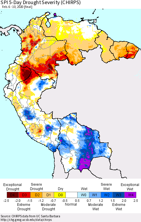 Northern South America SPI 5-Day Drought Severity (CHIRPS) Thematic Map For 2/6/2020 - 2/10/2020