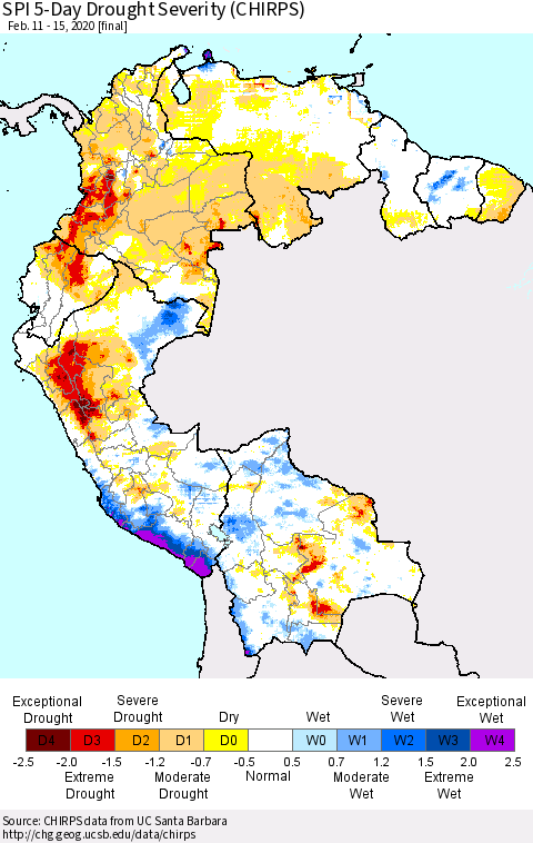 Northern South America SPI 5-Day Drought Severity (CHIRPS) Thematic Map For 2/11/2020 - 2/15/2020