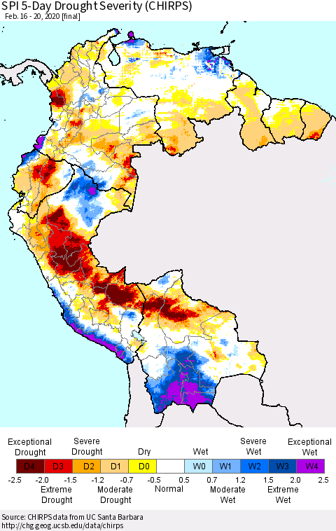 Northern South America SPI 5-Day Drought Severity (CHIRPS) Thematic Map For 2/16/2020 - 2/20/2020