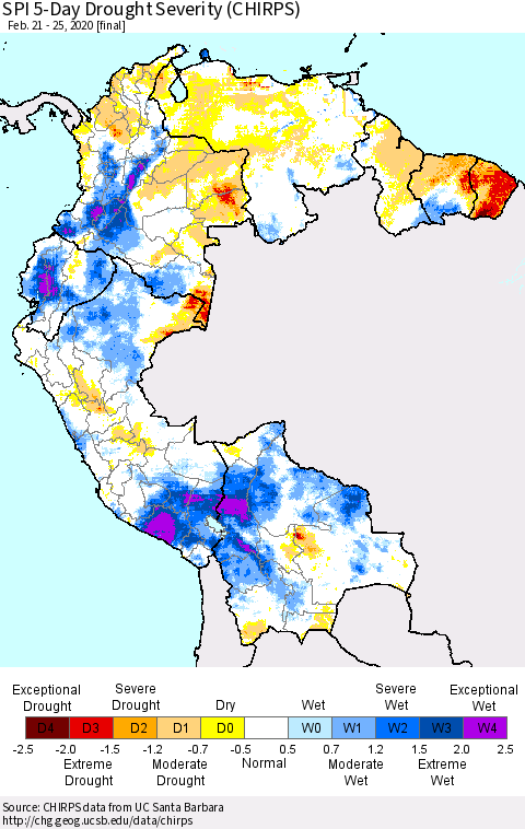 Northern South America SPI 5-Day Drought Severity (CHIRPS) Thematic Map For 2/21/2020 - 2/25/2020