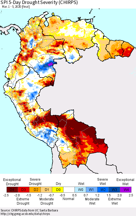 Northern South America SPI 5-Day Drought Severity (CHIRPS) Thematic Map For 3/1/2020 - 3/5/2020