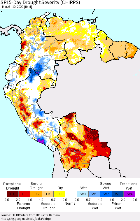 Northern South America SPI 5-Day Drought Severity (CHIRPS) Thematic Map For 3/6/2020 - 3/10/2020
