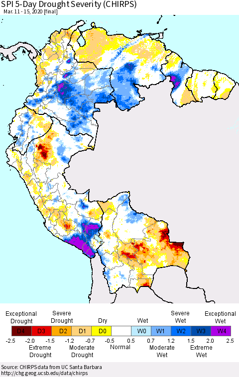 Northern South America SPI 5-Day Drought Severity (CHIRPS) Thematic Map For 3/11/2020 - 3/15/2020