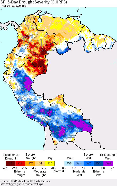 Northern South America SPI 5-Day Drought Severity (CHIRPS) Thematic Map For 3/16/2020 - 3/20/2020