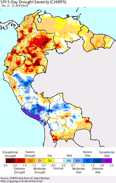 Northern South America SPI 5-Day Drought Severity (CHIRPS) Thematic Map For 3/21/2020 - 3/25/2020