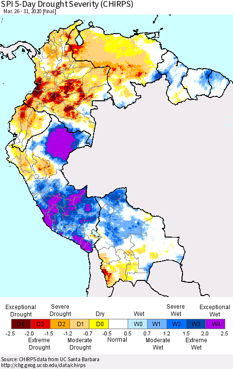 Northern South America SPI 5-Day Drought Severity (CHIRPS) Thematic Map For 3/26/2020 - 3/31/2020