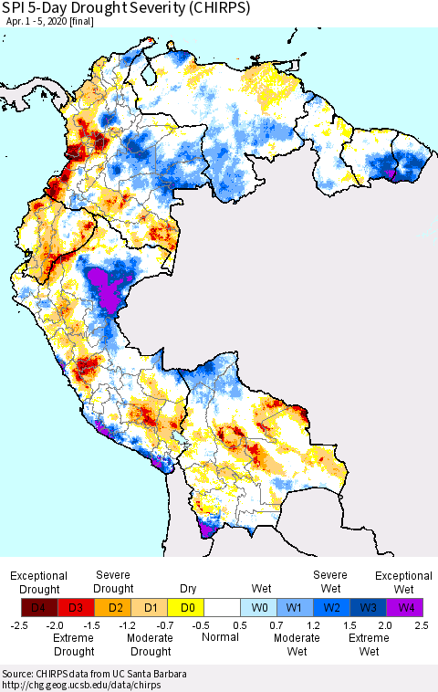 Northern South America SPI 5-Day Drought Severity (CHIRPS) Thematic Map For 4/1/2020 - 4/5/2020