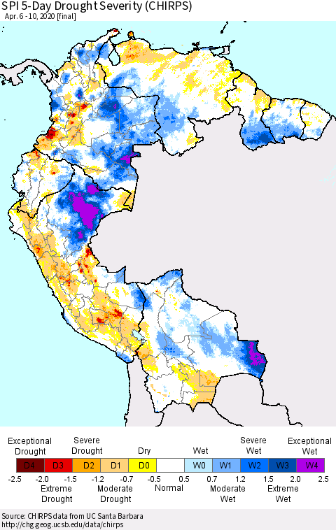 Northern South America SPI 5-Day Drought Severity (CHIRPS) Thematic Map For 4/6/2020 - 4/10/2020