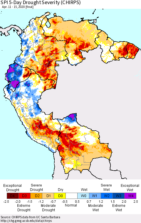 Northern South America SPI 5-Day Drought Severity (CHIRPS) Thematic Map For 4/11/2020 - 4/15/2020