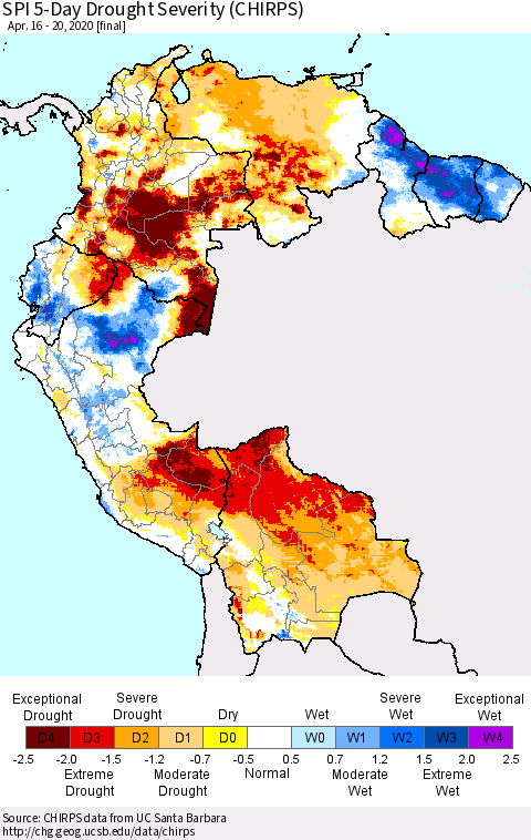 Northern South America SPI 5-Day Drought Severity (CHIRPS) Thematic Map For 4/16/2020 - 4/20/2020