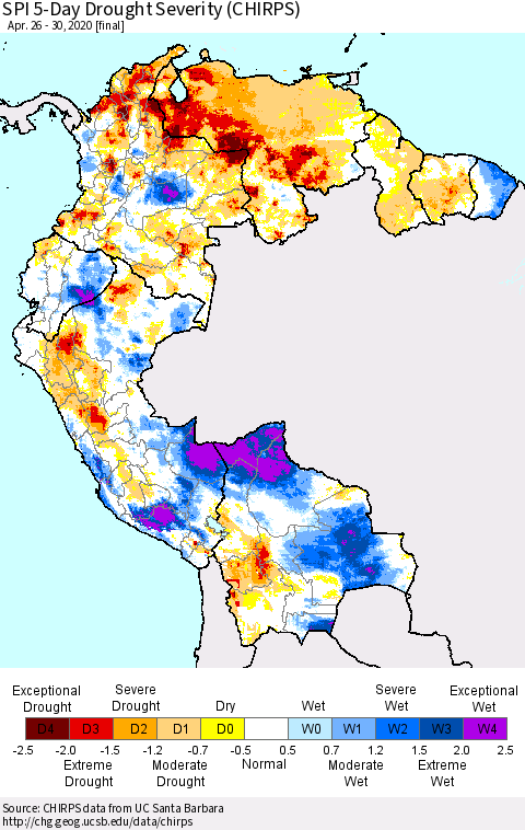 Northern South America SPI 5-Day Drought Severity (CHIRPS) Thematic Map For 4/26/2020 - 4/30/2020