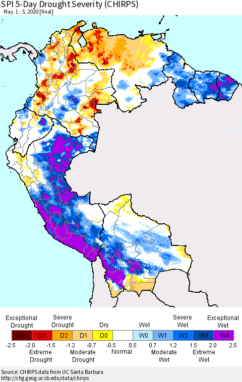 Northern South America SPI 5-Day Drought Severity (CHIRPS) Thematic Map For 5/1/2020 - 5/5/2020