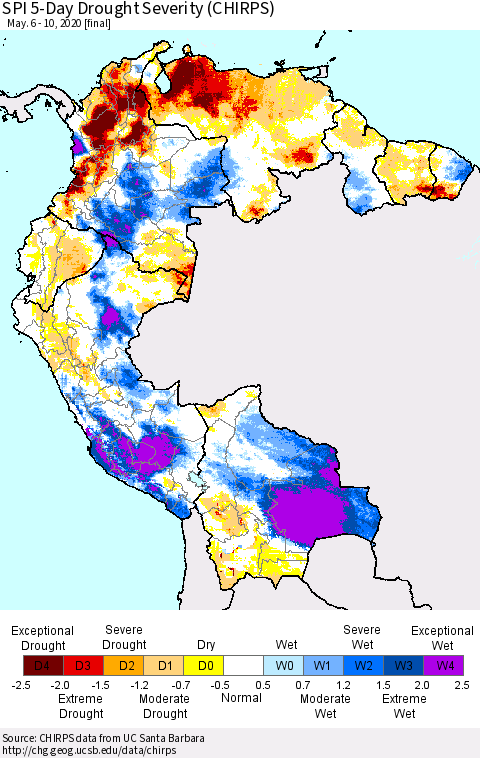 Northern South America SPI 5-Day Drought Severity (CHIRPS) Thematic Map For 5/6/2020 - 5/10/2020