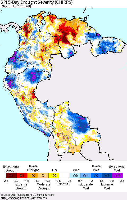 Northern South America SPI 5-Day Drought Severity (CHIRPS) Thematic Map For 5/11/2020 - 5/15/2020