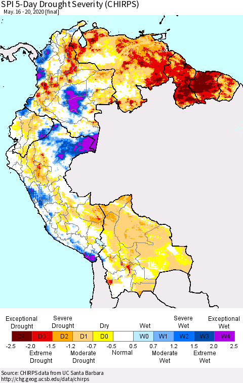 Northern South America SPI 5-Day Drought Severity (CHIRPS) Thematic Map For 5/16/2020 - 5/20/2020