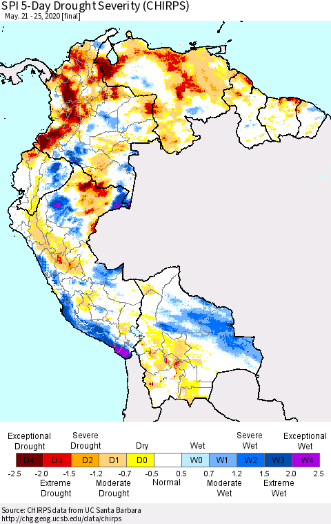 Northern South America SPI 5-Day Drought Severity (CHIRPS) Thematic Map For 5/21/2020 - 5/25/2020