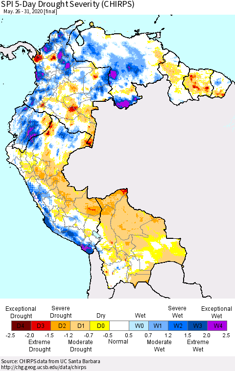 Northern South America SPI 5-Day Drought Severity (CHIRPS) Thematic Map For 5/26/2020 - 5/31/2020