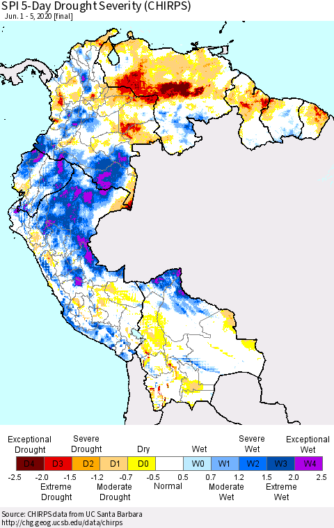 Northern South America SPI 5-Day Drought Severity (CHIRPS) Thematic Map For 6/1/2020 - 6/5/2020