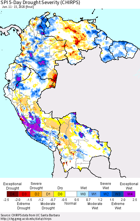Northern South America SPI 5-Day Drought Severity (CHIRPS) Thematic Map For 6/11/2020 - 6/15/2020