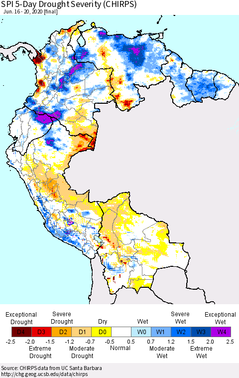 Northern South America SPI 5-Day Drought Severity (CHIRPS) Thematic Map For 6/16/2020 - 6/20/2020