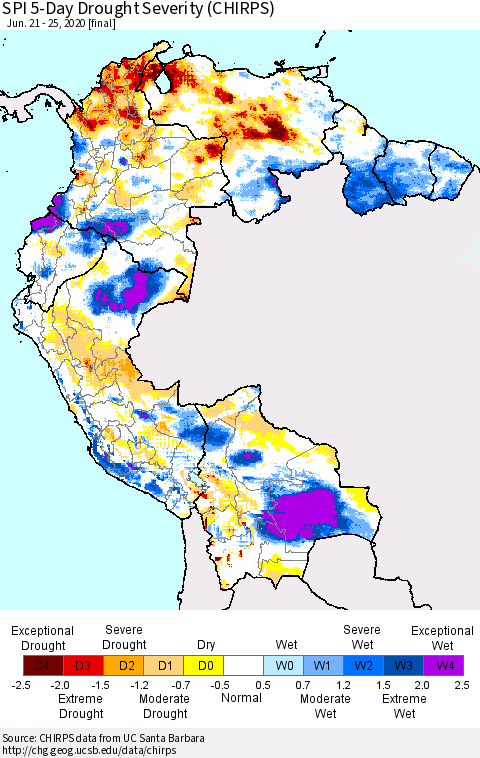 Northern South America SPI 5-Day Drought Severity (CHIRPS) Thematic Map For 6/21/2020 - 6/25/2020