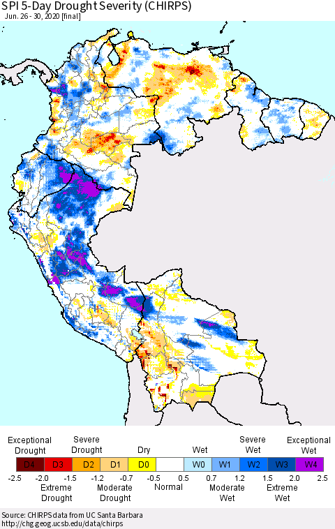 Northern South America SPI 5-Day Drought Severity (CHIRPS) Thematic Map For 6/26/2020 - 6/30/2020