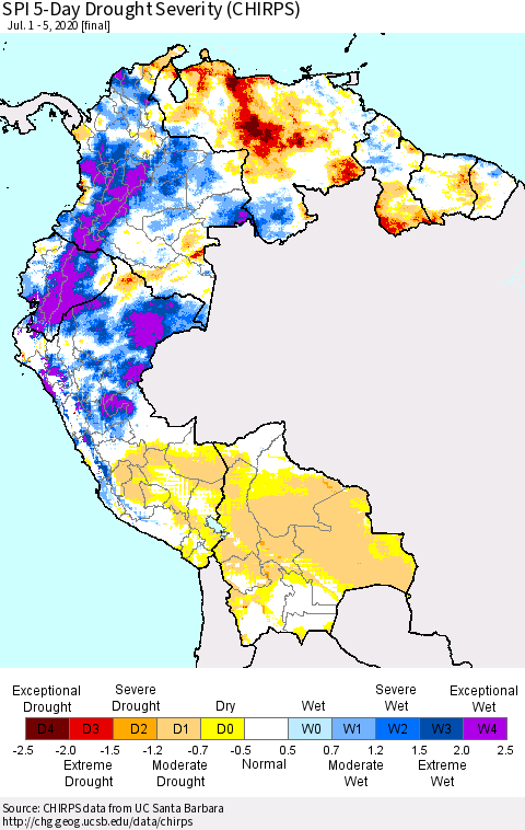 Northern South America SPI 5-Day Drought Severity (CHIRPS) Thematic Map For 7/1/2020 - 7/5/2020