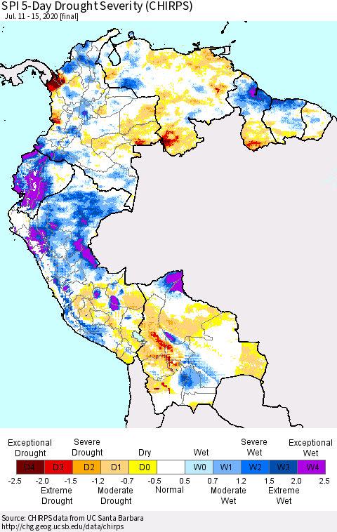 Northern South America SPI 5-Day Drought Severity (CHIRPS) Thematic Map For 7/11/2020 - 7/15/2020