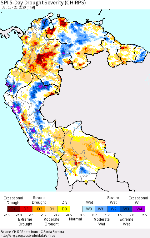 Northern South America SPI 5-Day Drought Severity (CHIRPS) Thematic Map For 7/16/2020 - 7/20/2020